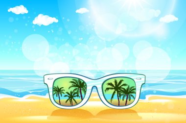 Palmiye ağacı peyzaj sahne ışık mavi stüdyo, yaz saati kavramı, bırak alanı içeriği veya metin vektör eklemek için beyaz güneş gözlüğü yansıma günbatımı