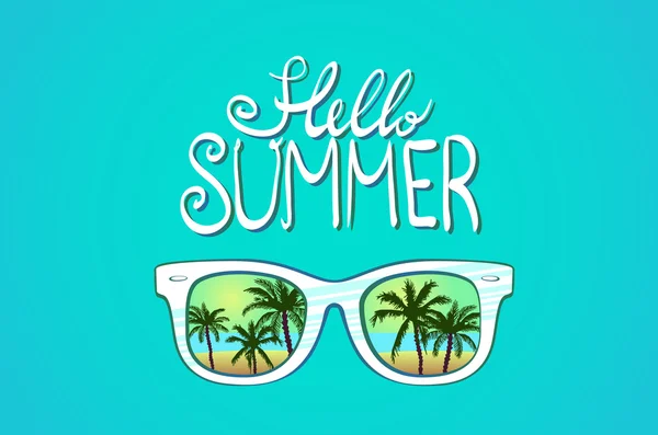 Gafas de sol blancas reflejan la puesta de sol en la escena del paisaje de palmeras en estudio azul claro, concepto de hora de verano, deje espacio para agregar su contenido o vector de texto — Vector de stock