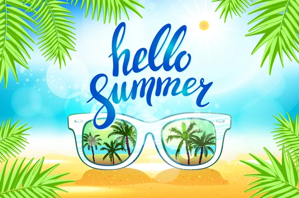 Gafas de sol blancas reflejan la puesta de sol en la escena del paisaje de palmeras en estudio azul claro, concepto de hora de verano, deje espacio para agregar su contenido o vector de texto — Vector de stock