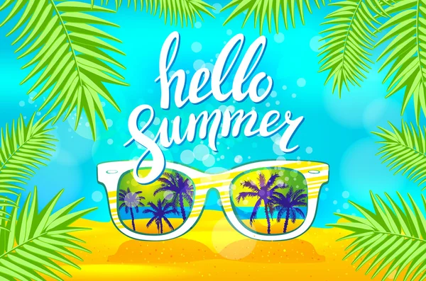Gafas de sol blancas reflejan la puesta de sol en la escena del paisaje de palmeras en estudio azul claro, concepto de hora de verano, deje espacio para agregar su contenido o vector de texto — Archivo Imágenes Vectoriales