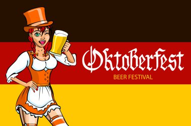 Oktoberfest Bavyera kız. Oktoberfest vektör çizim. arka planını Almanya bayrağı.