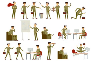 Gri ve kahverengi takım, farklı pozlar kahverengi karakter işadamı vektör ayarla.