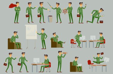 Vektör yeşil takım, farklı pozlar turuncu saç karakter işadamı ayarla.
