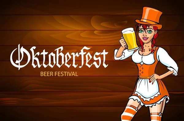 Bella giovane tedesca oktoberfest donna rossa in un vestito dirndl con vettore di birra — Vettoriale Stock