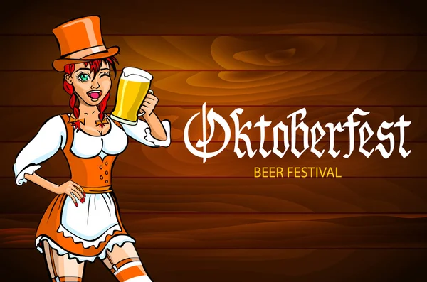 Csinos, fiatal német oktoberfest vörös nő a Dirndli ruha sör vektor — Stock Vector