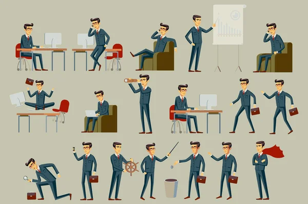 Set di sei illustrazione vettoriale di uomo d'affari che indossa blu brillante formale abito da lavoro a tre pezzi in diversi gesti isolati su sfondo grigio . — Vettoriale Stock