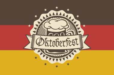 Oktoberfest için vektör logo pub veya fest, bira bardağı oktoberfest afiş, Bavyera için geleneksel vintage pub için ağzına kadar dolu köpük sırasında bar