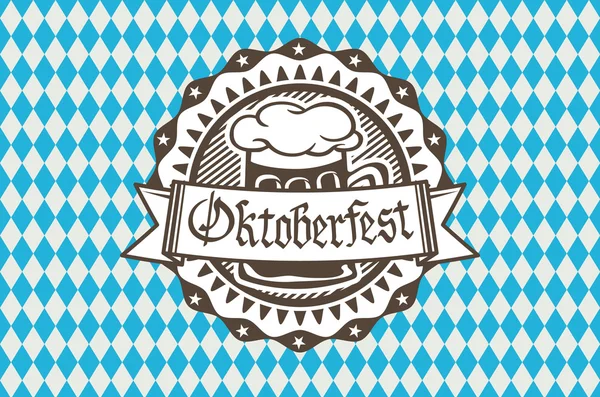Logotipo vectorial para Oktoberfest en el pub o bar durante el festival, taza de cerveza con espuma llena hasta el borde para pub vintage tradicional para bandera oktoberfest, vector patrón bávaro — Archivo Imágenes Vectoriales