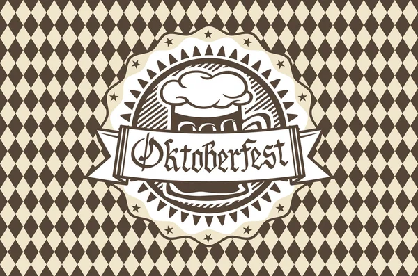 Logotipo vectorial para Oktoberfest en el pub o bar durante el festival, taza de cerveza con espuma llena hasta el borde para pub vintage tradicional para bandera oktoberfest, vector patrón bávaro — Archivo Imágenes Vectoriales
