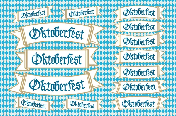 Banery Oktoberfest w zestawie wektor kolorów bawarskich. Bawarski festiwal biało-niebieska wstążka Oktoberfest. Monachium projekt narodowy ikona Oktoberfest wstążka kultura tradycja kolorowy znak. — Wektor stockowy