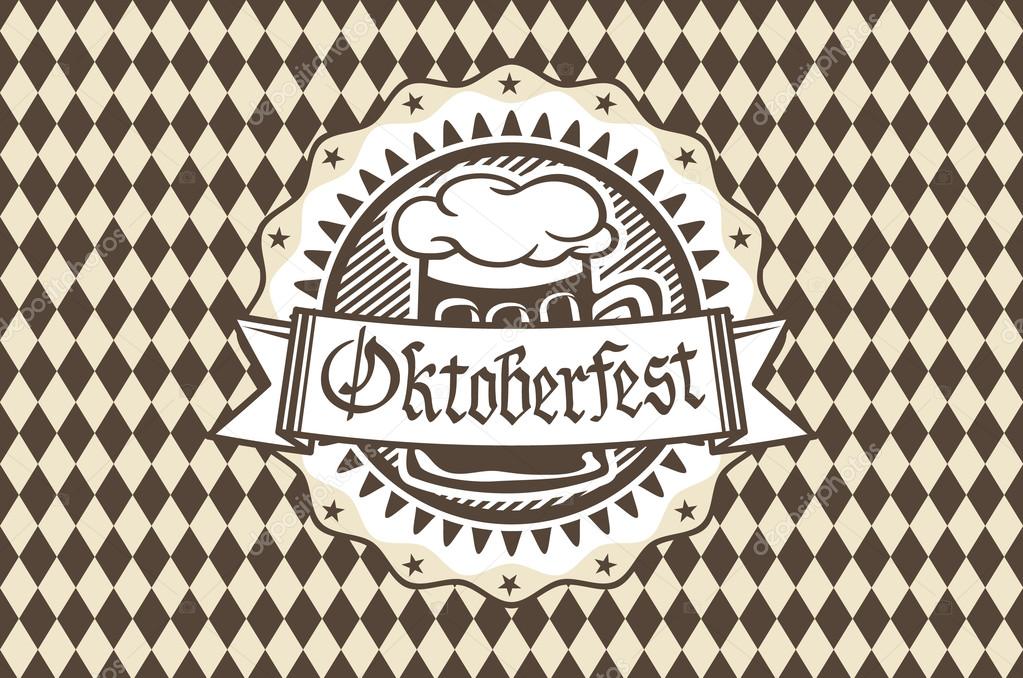 Vector logo for Oktoberfest in the pub or bar during the fest, beer mug with foam filled to the brim for traditional vintage pub for oktoberfest banner, Bavarian pattern vector art