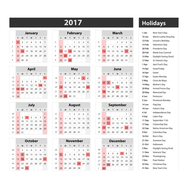 Calendario para 2017 sobre fondo blanco. Vector EPS10 . — Archivo Imágenes Vectoriales