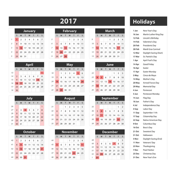 Calendario para 2017 sobre fondo blanco. Vector EPS10 . — Archivo Imágenes Vectoriales