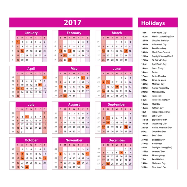 Calendario simple 2017 marcado con los días festivos oficiales de los Estados Unidos. La semana comienza el domingo . — Vector de stock