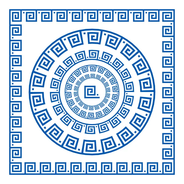 Jeu de pinceaux vectoriels pour créer des motifs Meander grecs et des échantillons de leur application pour des cadres ronds et carrés. Frontières grecques. Couleur bleu isolé sur fond blanc — Image vectorielle