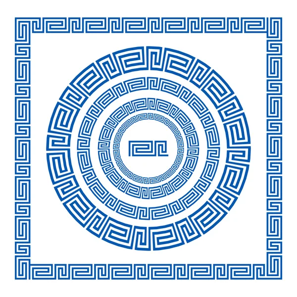 Jeu de pinceaux vectoriels pour créer des motifs Meander grecs et des échantillons de leur application pour des cadres ronds et carrés. Frontières grecques. Couleur bleu isolé sur fond blanc — Image vectorielle