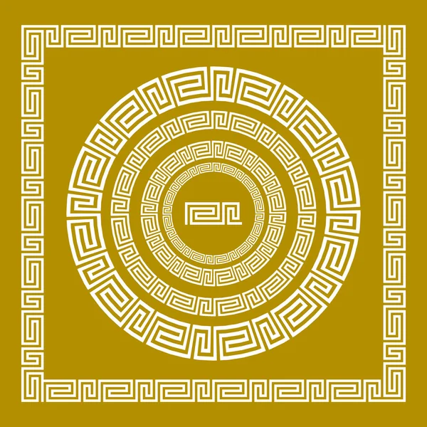 Conjunto de vectores Tradicional cuadrado dorado vintage y adorno griego redondo Meander y patrón floral sobre un fondo negro — Vector de stock