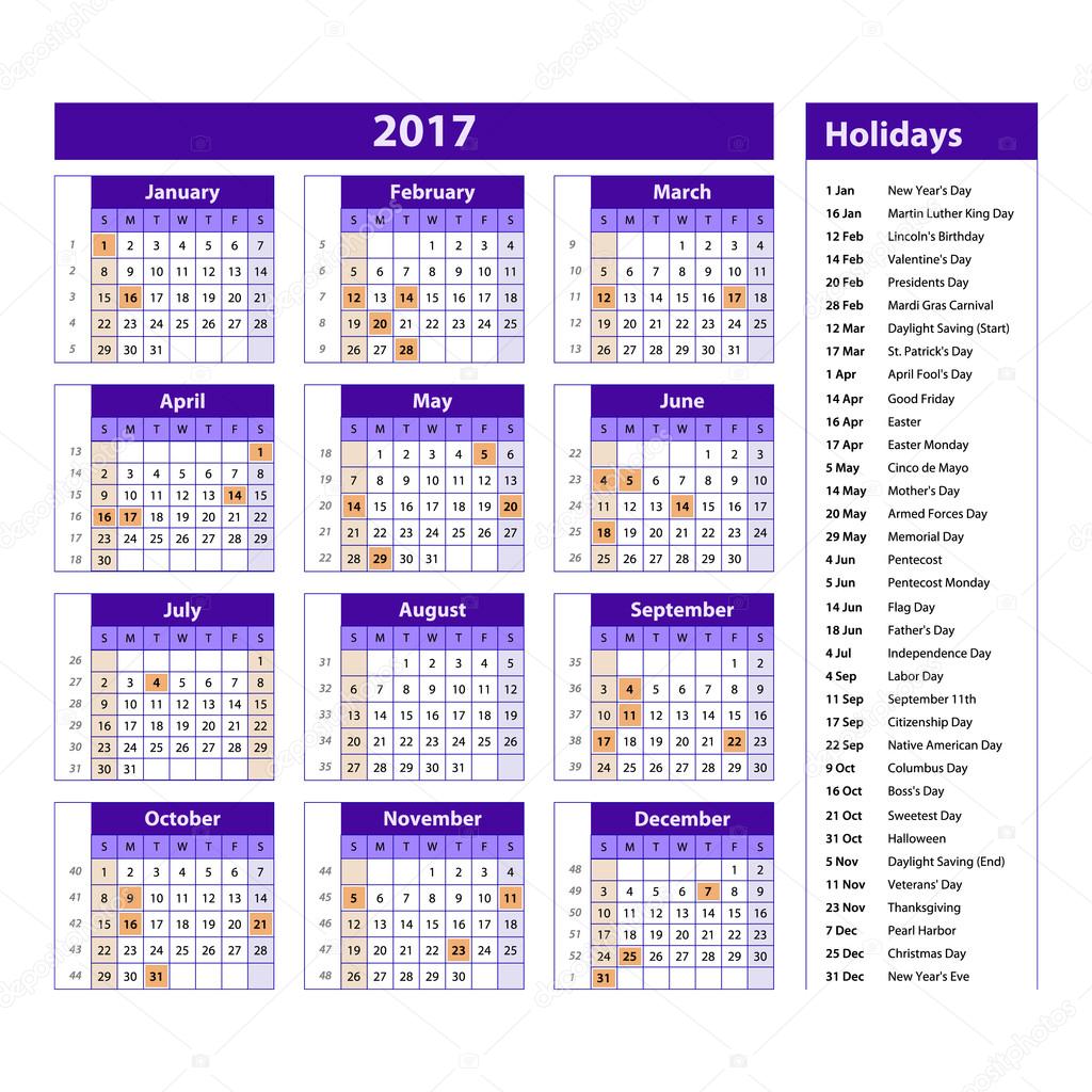 Calendario simple 2017 marcado con los días festivos oficiales de los