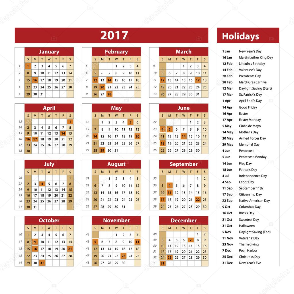 2017 Fiestas Del Calendario Usa Ilustracion Del Vector De La