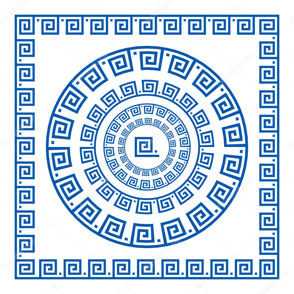 Set of vector brushes to create Greek Meander patterns and samples of their application for round and square frames. Greek borders. Blue color isolated on white background