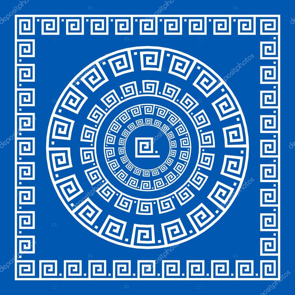 Set of vector brushes to create Greek Meander patterns and samples of their application for round and square frames. Greek borders. Blue color isolated on white background