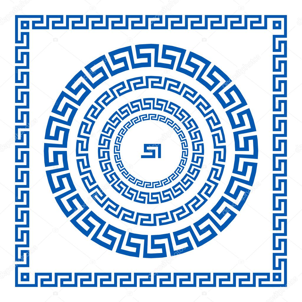 Set of vector brushes to create Greek Meander patterns and samples of their application for round and square frames. Greek borders. Blue color isolated on white background