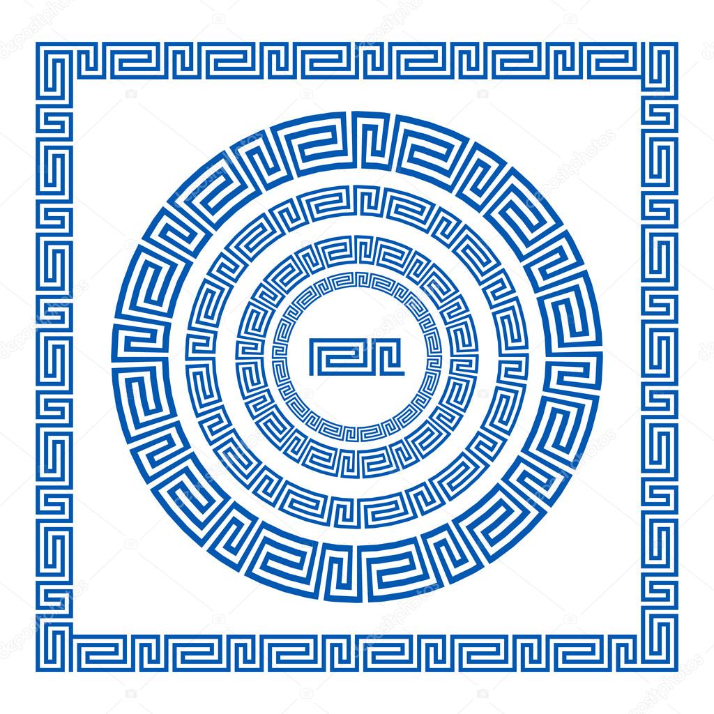 Set of vector brushes to create Greek Meander patterns and samples of their application for round and square frames. Greek borders. Blue color isolated on white background