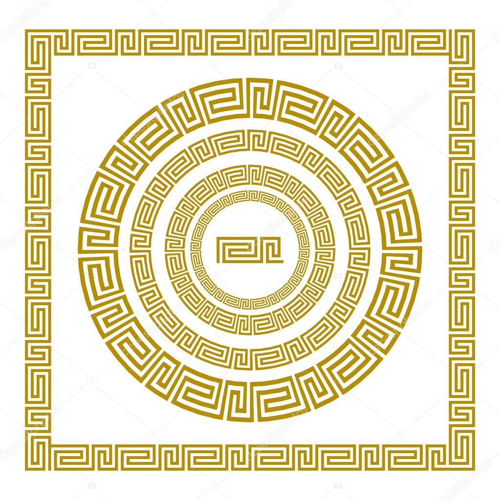 Vector set Traditional vintage golden square and round Greek ornament Meander and floral pattern on a black background