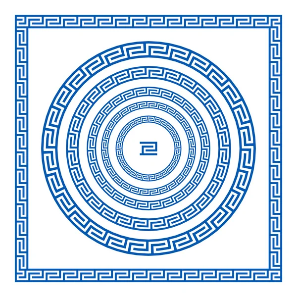 Conjunto de cepillos vectoriales para crear patrones de Meandro griego y muestras de su aplicación para marcos redondos y cuadrados. Fronteras griegas. Color azul aislado sobre fondo blanco — Archivo Imágenes Vectoriales