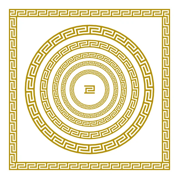 Conjunto de vetor Tradicional vintage dourado quadrado e redondo ornamento grego Meander fronteira greece ouro — Vetor de Stock
