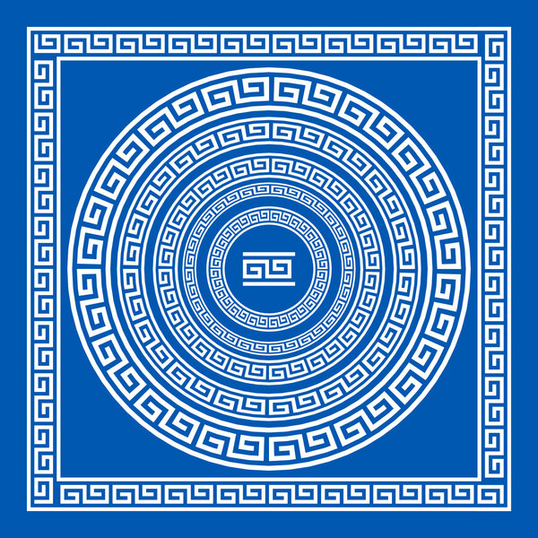 Set of vector brushes to create Greek Meander patterns and samples of their application for round and square frames. Greek borders. Blue color isolated on white background art