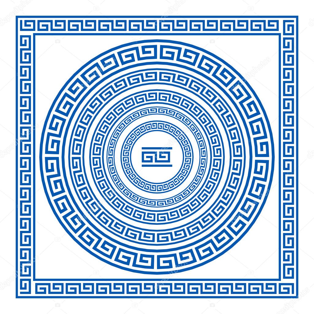 Set of vector brushes to create Greek Meander patterns and samples of their application for round and square frames. Greek borders. Blue color isolated on white background art