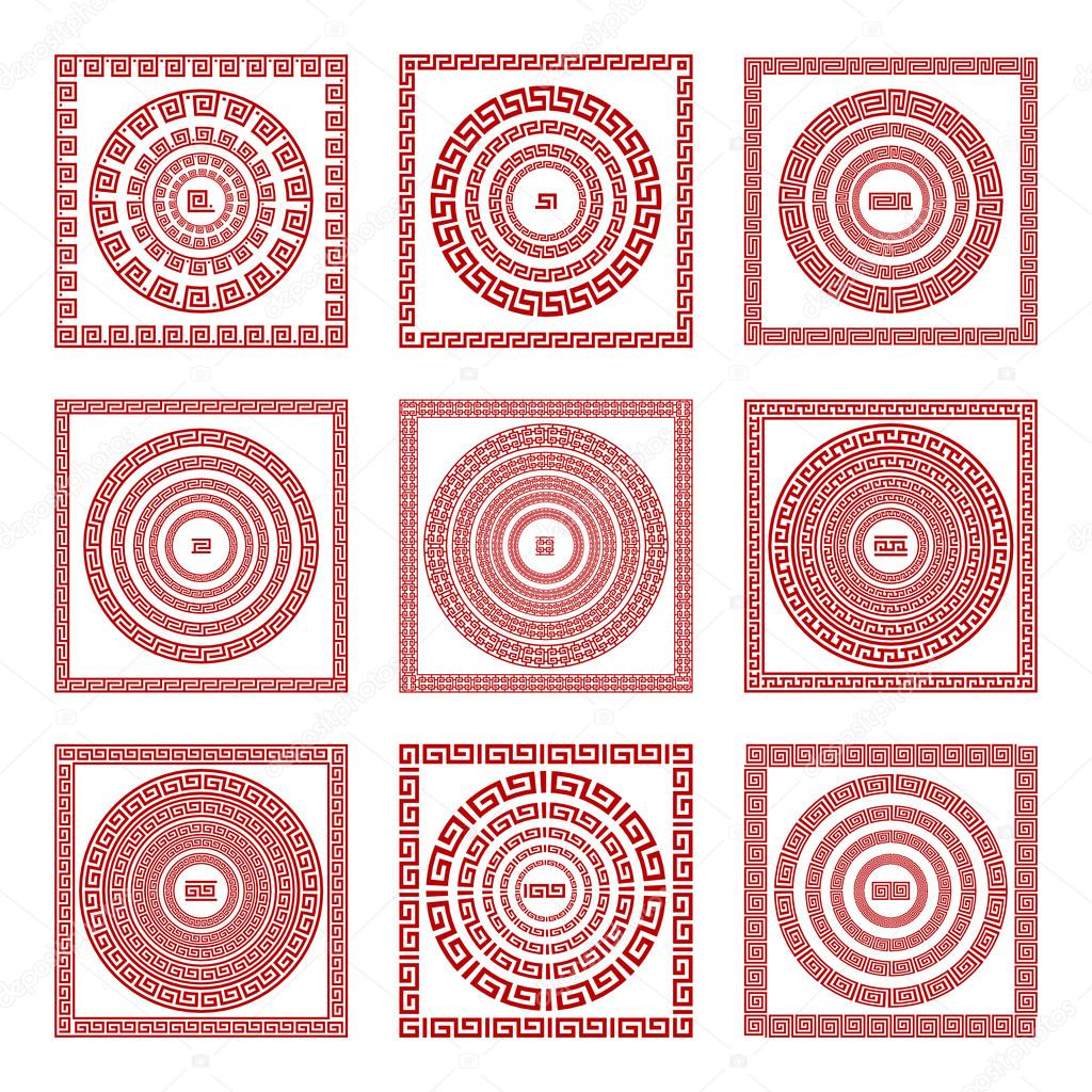 Vector set Traditional vintage golden square and round Greek ornament Meander pattern on a red background greece art