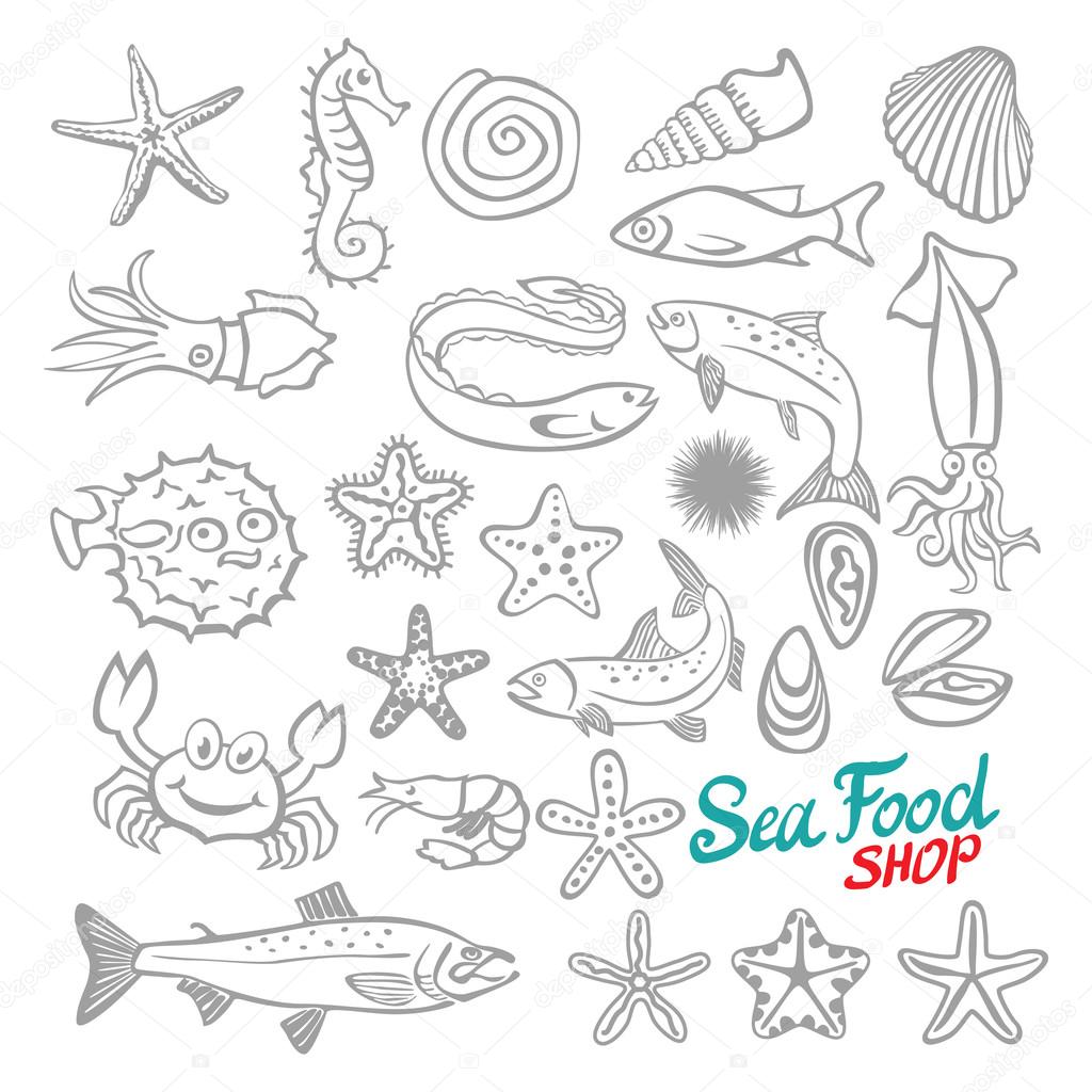 Vector Set of Sketch Sea Food