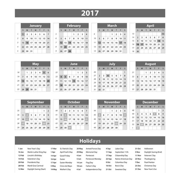 2017 Calendario gris - ilustración Plantilla vectorial del calendario 2017 — Vector de stock