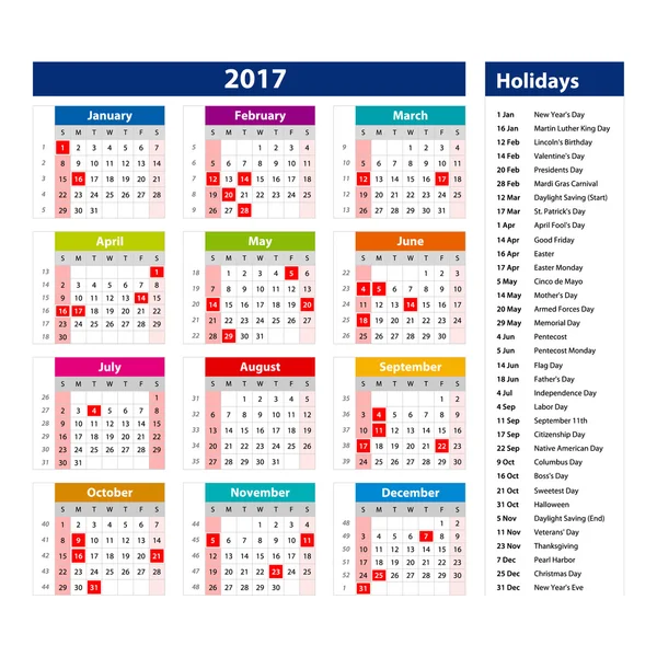 2017 naptári ünnepek Usa - illusztráció vektor sablon színes 2017 naptár — Stock Vector