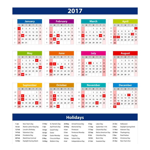 2017 Calendario de vacaciones EE.UU. - ilustración Vector plantilla de color 2017 calendario — Vector de stock