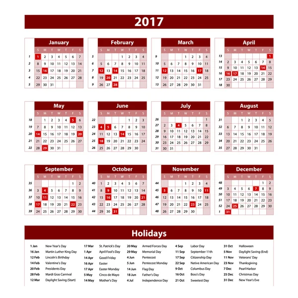 2017 r. Kalendarz bordo - szablon wektor ilustracja kalendarz 2017 — Wektor stockowy