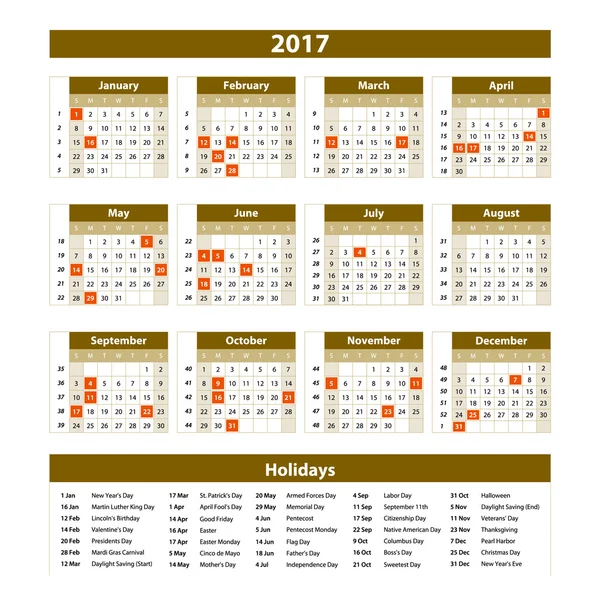 Calendario 2017 conjunto de 12 meses en la ilustración vector de fondo marrón . — Vector de stock
