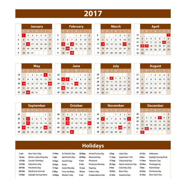 Kalender 2017 gesetzt 12 Monate auf braunem Hintergrund Vektor Illustration. — Stockvektor