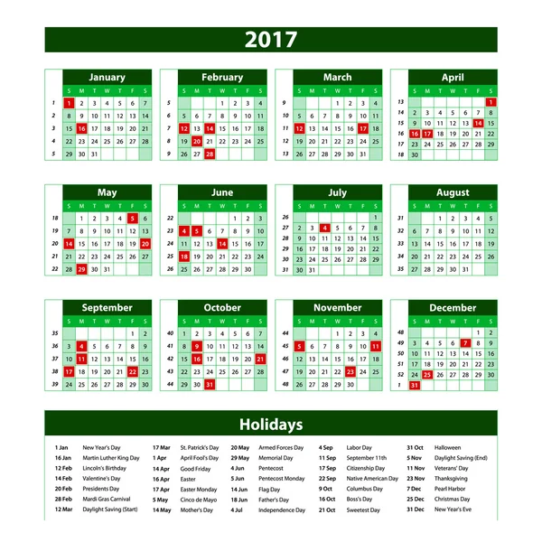Векторний шаблон зелений календар 2017 рік — стоковий вектор