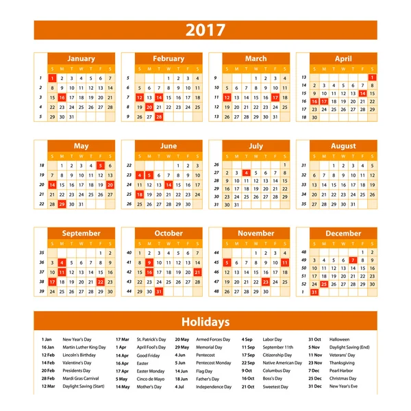 Perencana Kalender Dinding untuk Tahun 2017. Vector Design Print Template with Place for Photo and Notes (dalam bahasa Inggris). Minggu dimulai hari Minggu. oranye - Stok Vektor