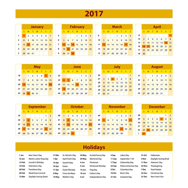 Planificador de calendario de pared para 2017 Año. Plantilla de impresión de diseño vectorial con lugar para fotos y notas. La semana empieza el domingo. naranja — Vector de stock