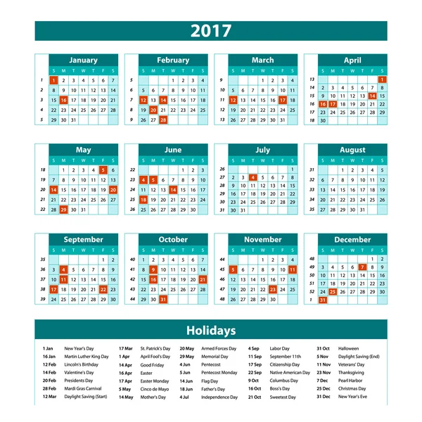 2017 naptár - kék illusztráció vektor sablon 2017 naptár — Stock Vector