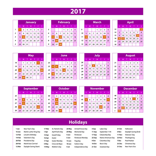 Jahresplaner-Kalender 2017 - international druckfähiger Veranstalterplaner-Terminplaner - mit Daten, Tagen des Monats - Platz für persönliche Notizen. Die Woche beginnt am Montag. magenta rosa, lila Vektor. — Stockvektor