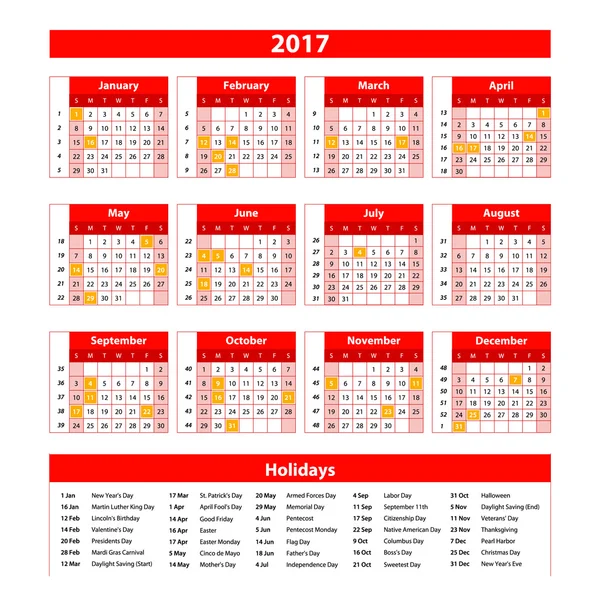 Calendario para 2017 sobre fondo blanco. Vector EPS10 . — Vector de stock