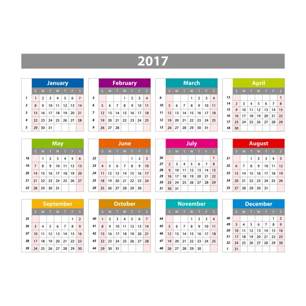 2017 Calendario - ilustración Vector plantilla de color 2017 calendario — Archivo Imágenes Vectoriales