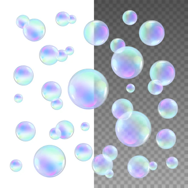 Burbujas de jabón realista con arco iris reflexión conjunto ilustración vectorial aislado — Archivo Imágenes Vectoriales