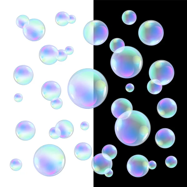 Burbujas de jabón realista con arco iris reflexión conjunto ilustración vectorial aislado — Archivo Imágenes Vectoriales