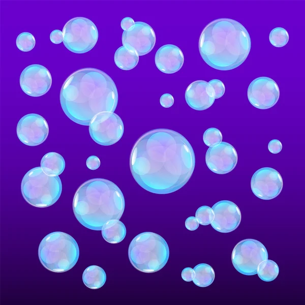 Burbujas en agua sobre fondo violeta patrón horizontal sin costuras. Círculo y líquido, diseño ligero, claro jabón brillante, ilustración vectorial — Archivo Imágenes Vectoriales